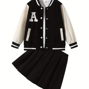 2 Pack Girls Baseball Jacket Pleated Skirt Set